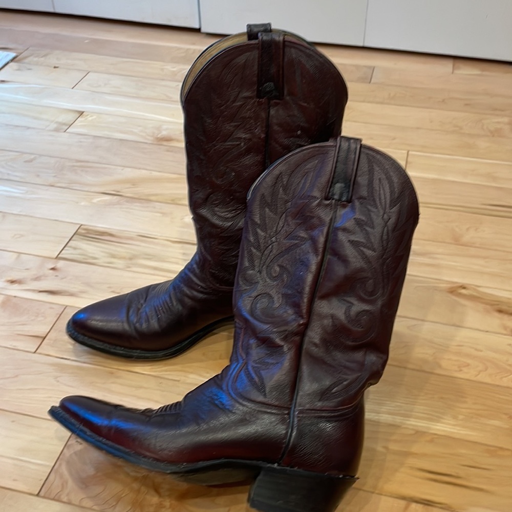 Sheplers Burgundy 14” shaft western leather sole pointed toe cowboy boots